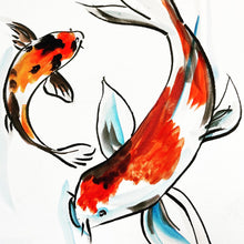 Load image into Gallery viewer, Ink and watercolour painting of two koi in black, orange, blue and red