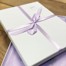 Load image into Gallery viewer, White gift box open to show lilac tissue paper