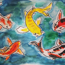 Load image into Gallery viewer, Colorful illustration of koi fish swimming in water with a blue and green background