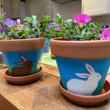 Load image into Gallery viewer, Two terracotta pots with floral plants and painted bunnies on a wooden surface.