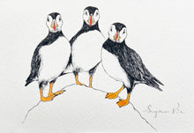 Load image into Gallery viewer, Puffins giclée print with watercolour detail by Suzanne Pink