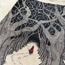 Load image into Gallery viewer, Detail of Red Riding Hood illustration on a canvas tote bag with detailed trees.