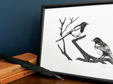 Load image into Gallery viewer, Two for joy magpies giclée print in a black frame, standing on a wooden surface with navy blue wall behind. A black feather and two bird books sit next to the print.