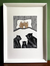 Load image into Gallery viewer, Goldilocks giclée print with handpainted gold gouache hair detail. Print is in a white frame, standing on a wooden surface with green wall behind.