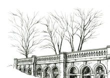 Load image into Gallery viewer, Detail of monochrome fineliner giclée print of the arches of the Italian Terraces, Crystal Palace Park.