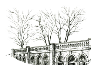 Detail of monochrome fineliner giclée print of the arches of the Italian Terraces, Crystal Palace Park.