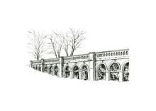 Load image into Gallery viewer, A4 monochrome fineliner giclée print of the arches of the Italian Terraces, Crystal Palace Park with winter trees.