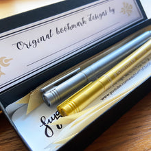Load image into Gallery viewer, Bookmark making set in black box with gold and silver pen and gold and silver ribbons.