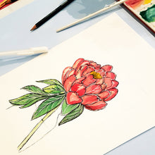 Load image into Gallery viewer, Ink and watercolour painting of a flower in greens and pinks with white gel pen detail