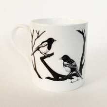 Load image into Gallery viewer, White fine bone china mug with two magpies design on white background