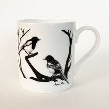 Load image into Gallery viewer, White fine bone china mug with two magpies design on white background