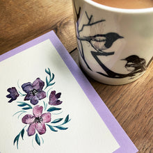 Load image into Gallery viewer, White fine bone china mug with two magpies illustration and handpainted watercolour and ink Mother&#39;s Day card.
