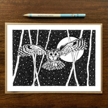 Load image into Gallery viewer, Swooping owl greetings card on wooden background with recycled kraft envelope and pencil.
