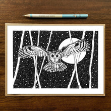 Load image into Gallery viewer, Swooping owl greetings card on wooden background with recycled kraft envelope and pencil.