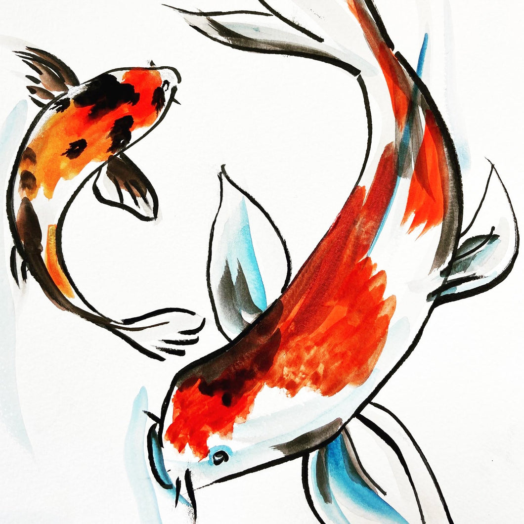 Ink and watercolour painting of two koi in black, orange, blue and red