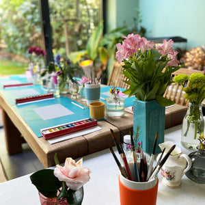 Kitchen studio set up for a Suzanne Pink Creative Club Friday adult art workshop