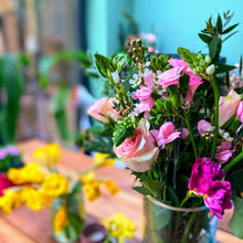 Load image into Gallery viewer, Bouquet of pink and purple flowers in a vase with blurred background
