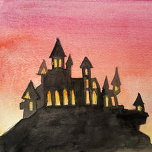 Load image into Gallery viewer, Harry Potter castle watercolour painting with sunset
