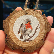 Load image into Gallery viewer, Handpainted wood slice ornament with acrylic painted robin design
