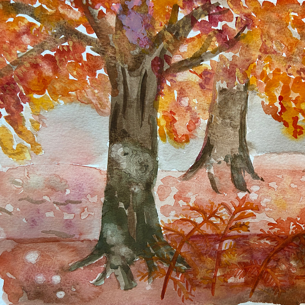 Artistic depiction of a tree with autumn leaves on a textured background
