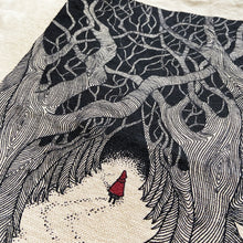 Load image into Gallery viewer, Detail of Red Riding Hood illustration on a canvas tote bag with detailed trees.
