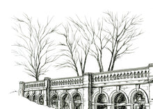 Load image into Gallery viewer, Detail of monochrome fineliner giclée print of the arches of the Italian Terraces, Crystal Palace Park.

