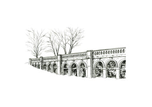 A4 monochrome fineliner giclée print of the arches of the Italian Terraces, Crystal Palace Park with winter trees.