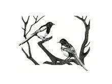 Load image into Gallery viewer, Two for joy magpies giclée print in monochrome.
