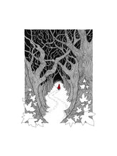 Load image into Gallery viewer, Red Riding Hood giclée print with handpainted watercolour detail in red. 
