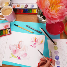 Load image into Gallery viewer, Floral art workshop for adults with cup of tea in pink Pantone mug.
