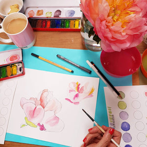Floral art workshop for adults with cup of tea in pink Pantone mug.