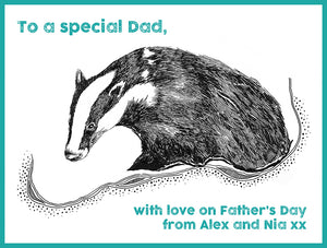 Father's Day e-card with detailed badger fineliner illustration and personalised greeting with sea green text and border