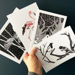 Greetings cards pack of four. Swooping owl., Flamingo, Red Riding Hood and Joy
