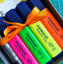 Load image into Gallery viewer, All four highlighter colours doodlers box tied with an orange ribbon
