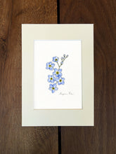 Load image into Gallery viewer, Handpainted forget-me-not design using fineliner, watercolour and white ink in an ivory mount on a wooden background.
