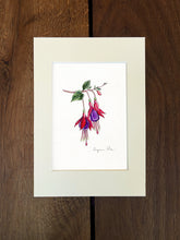 Load image into Gallery viewer, Handpainted fuchsia design using fineliner, watercolour and white ink in an ivory mount on a wooden background.
