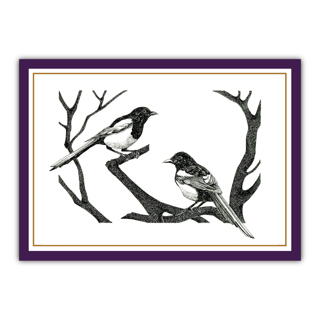 Art workshop gift card front with two magpies