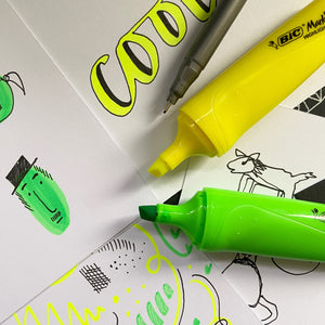 Yellow and green highlighter pens and doodles.