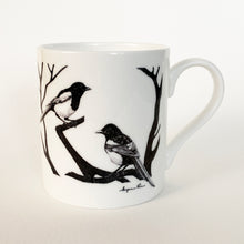 Load image into Gallery viewer, White fine bone china mug with two magpies design on white background
