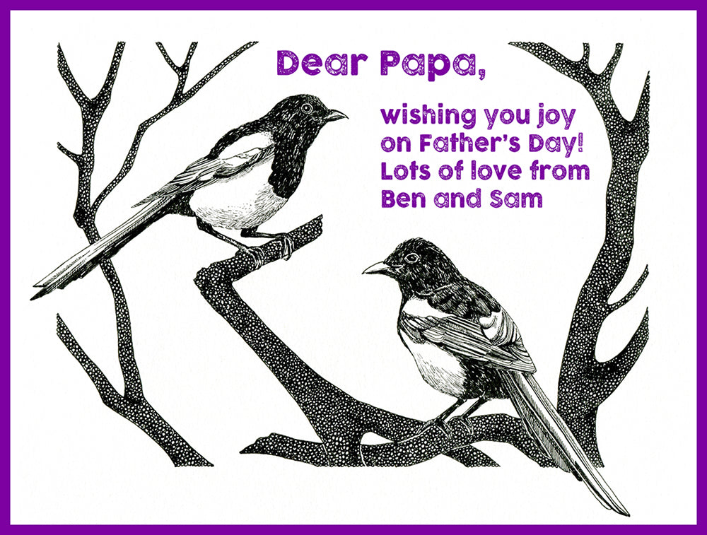 Father's Day e-card with detailed magpies fineliner illustration and personalised greeting with violet text and border