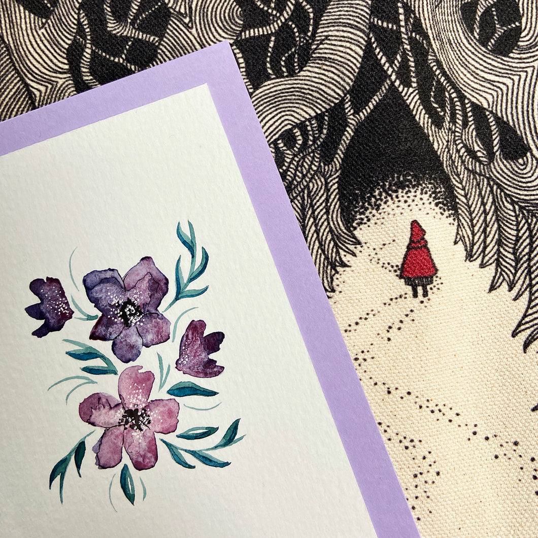 Handpainted floral ink and watercolour greetings card and Red Riding Hood canvas tote bag.