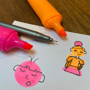 Orange and pink highlighter pens and fineliner with doodles.