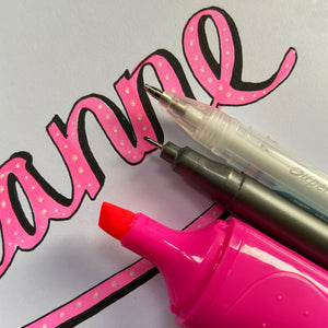 Pink highlighter with white gel pen and fineliner and decorated lettering.